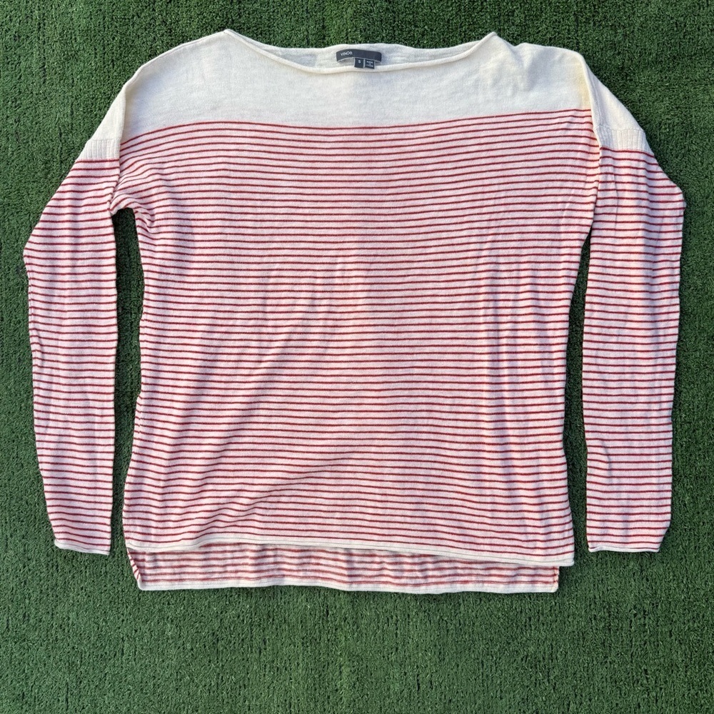 Vince. Boatneck rolled hem ivory and red Striped Long Sleeve Sweater, size small